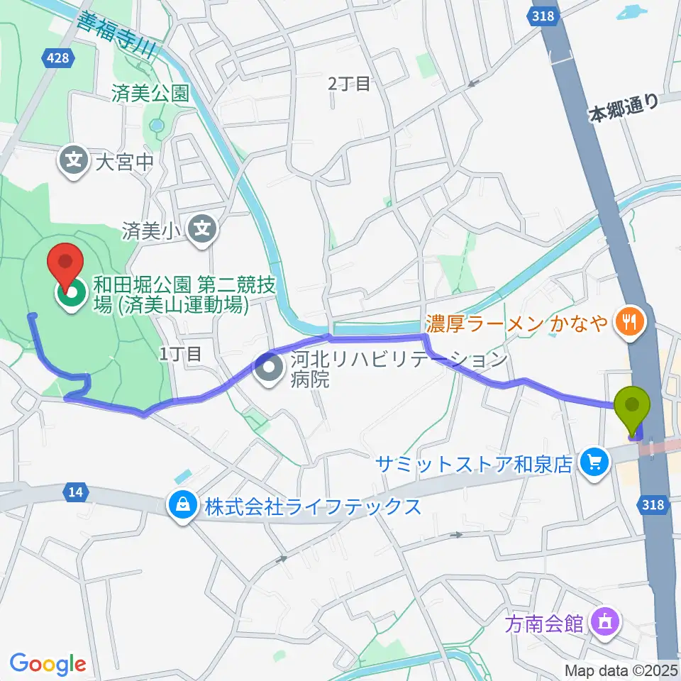 和田堀公園第二競技場の最寄駅方南町駅からの徒歩ルート（約13分）地図
