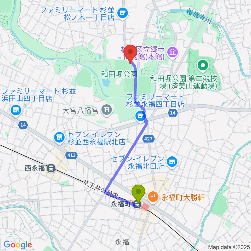 永福町駅から松ノ木運動場軟式野球場へのルートマップ地図