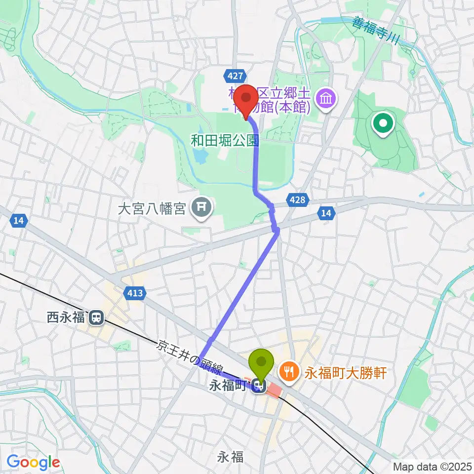 永福町駅から松ノ木運動場軟式野球場へのルートマップ地図