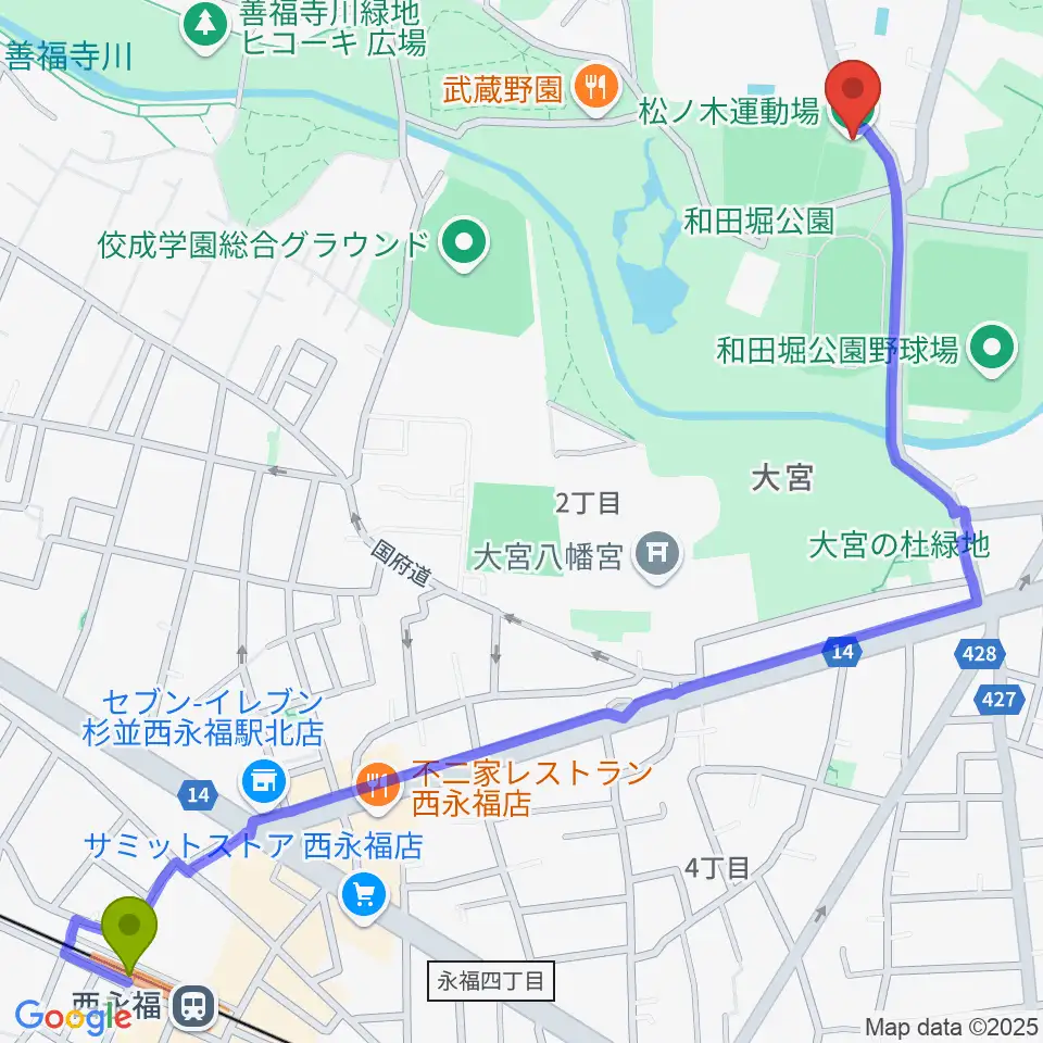 松ノ木運動場軟式野球場の最寄駅西永福駅からの徒歩ルート（約16分）地図