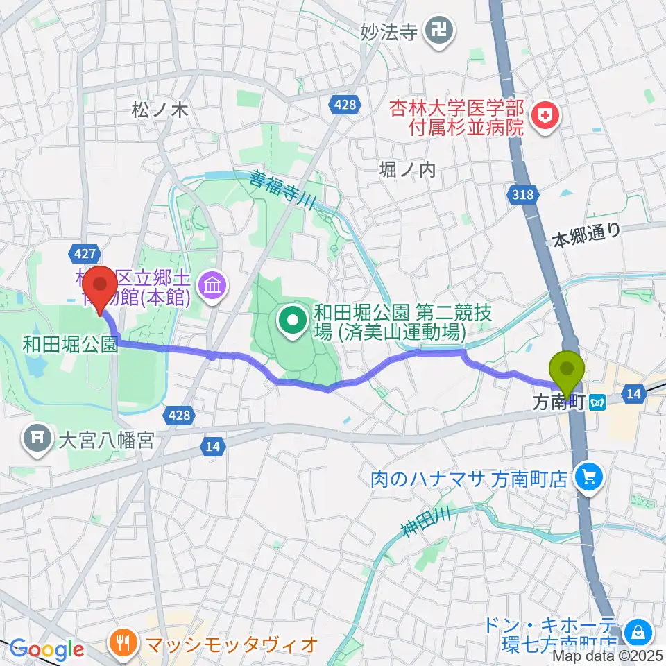 方南町駅から松ノ木運動場軟式野球場へのルートマップ地図