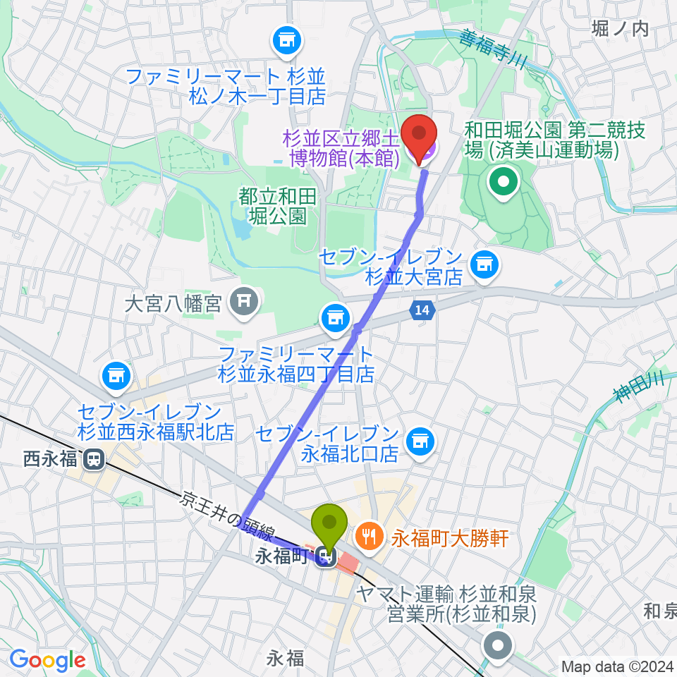 永福町駅から杉並区立郷土博物館へのルートマップ地図