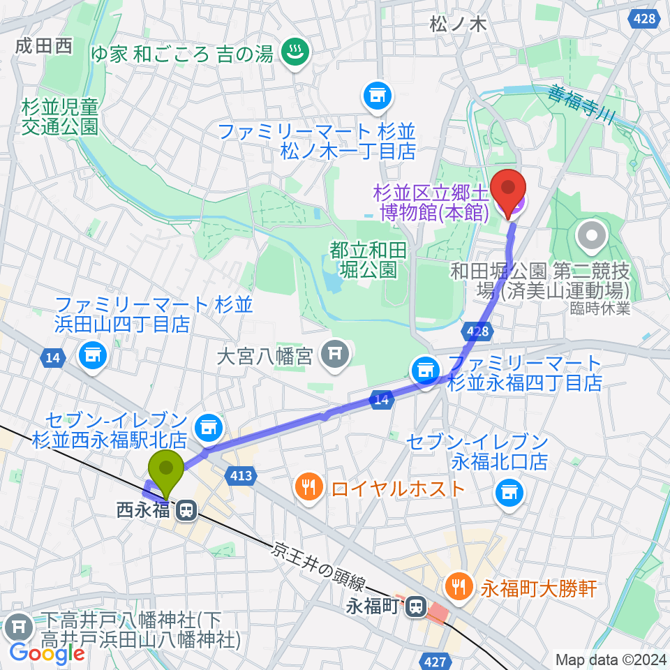 西永福駅から杉並区立郷土博物館へのルートマップ地図