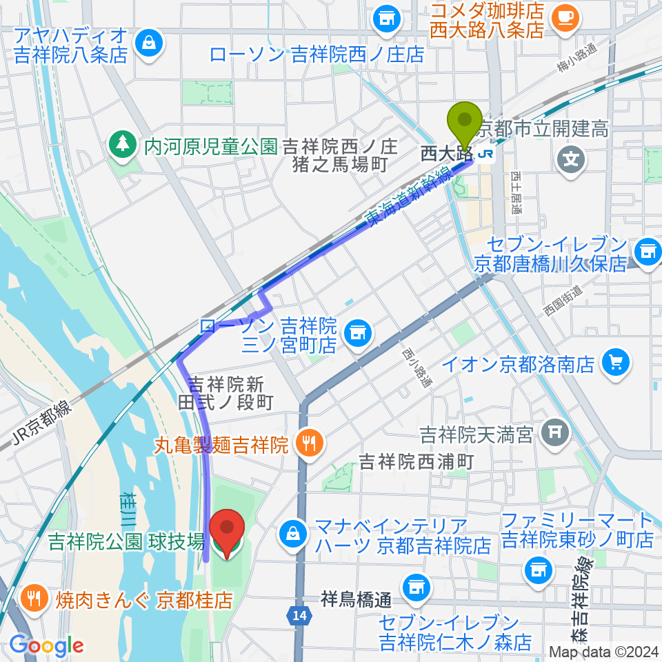 SBSロジコム吉祥院公園球技場の最寄駅西大路駅からの徒歩ルート（約22分）地図