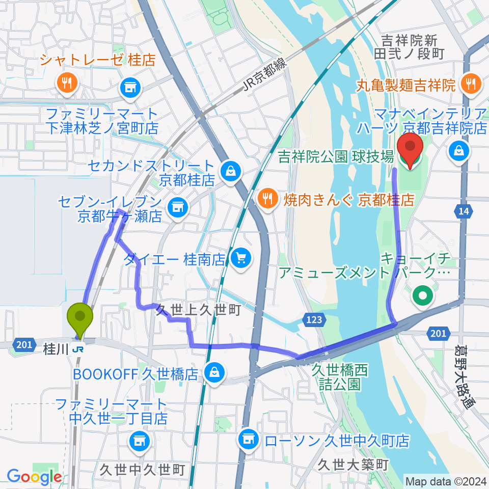 桂川駅からSBSロジコム吉祥院公園球技場へのルートマップ地図