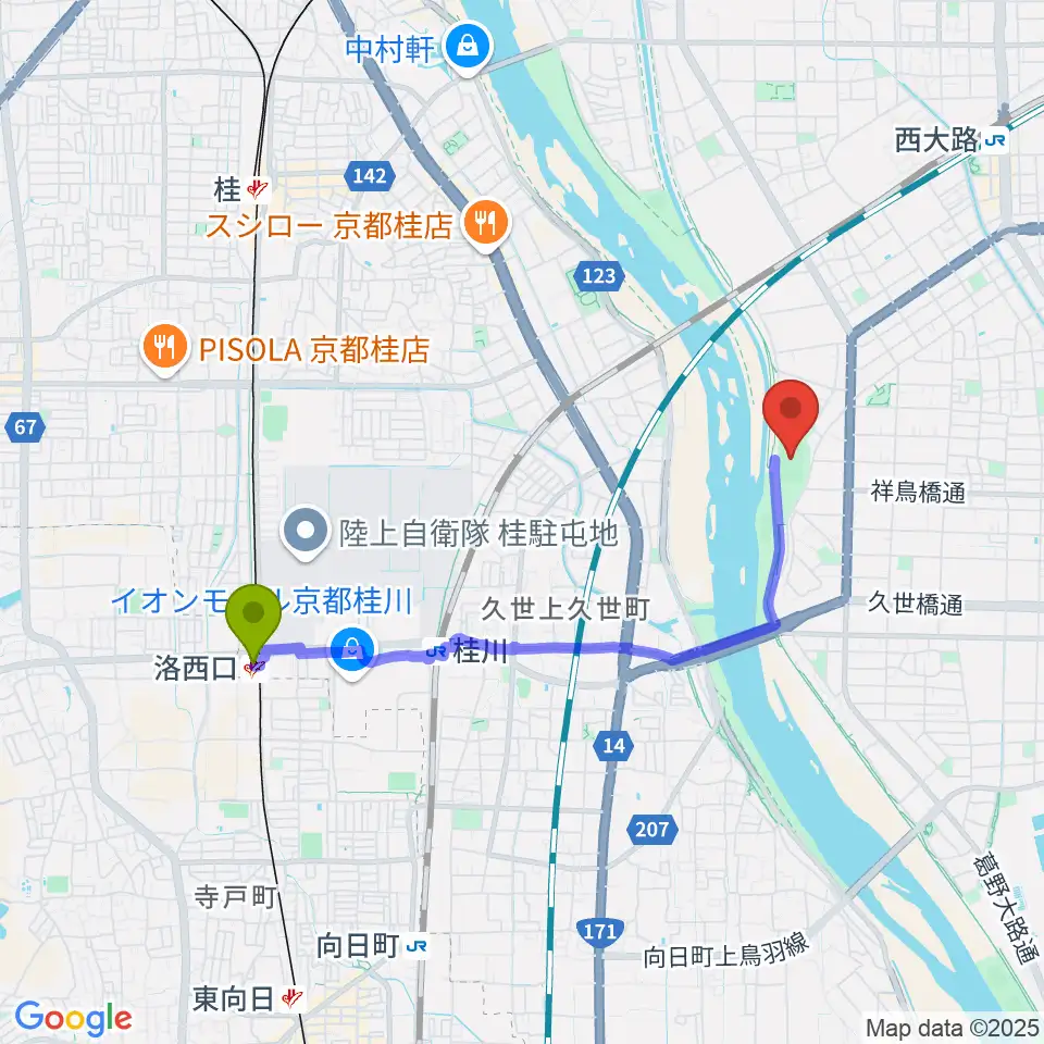 洛西口駅からSBSロジコム吉祥院公園球技場へのルートマップ地図