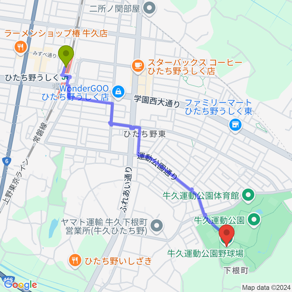 牛久運動公園野球場の最寄駅ひたち野うしく駅からの徒歩ルート（約25分）地図