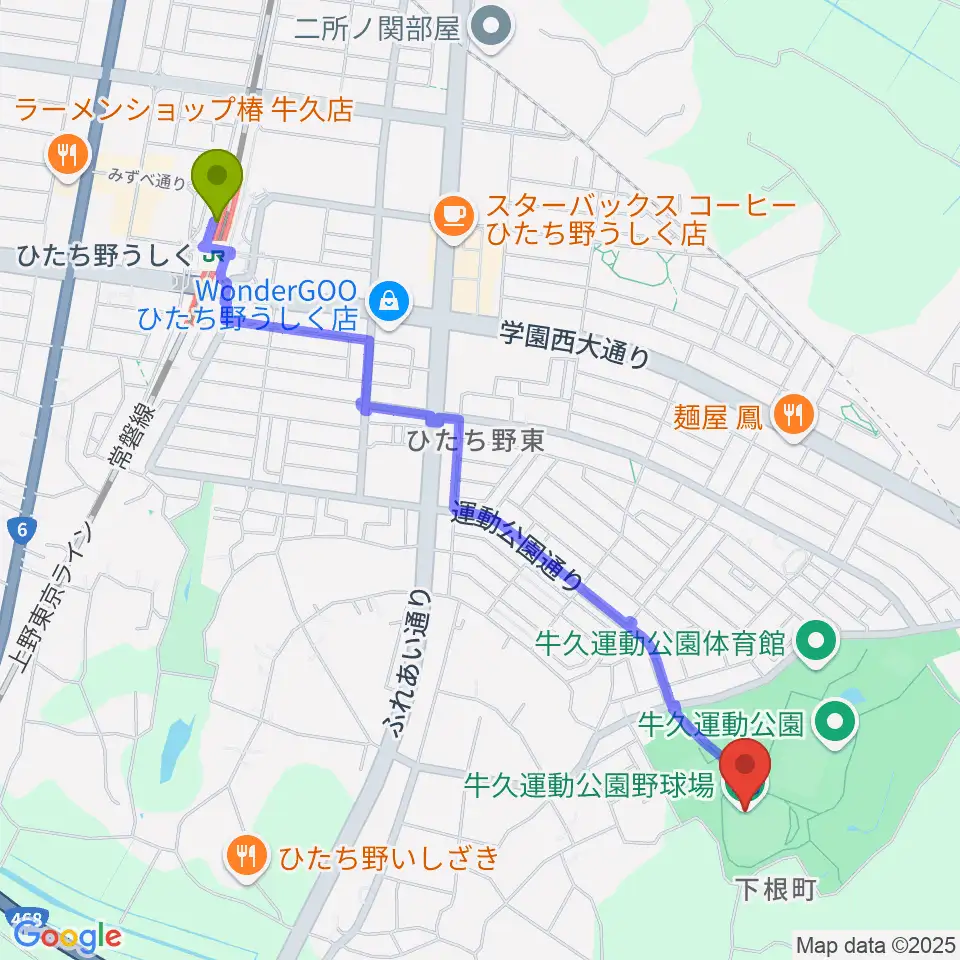 牛久運動公園野球場の最寄駅ひたち野うしく駅からの徒歩ルート（約25分）地図