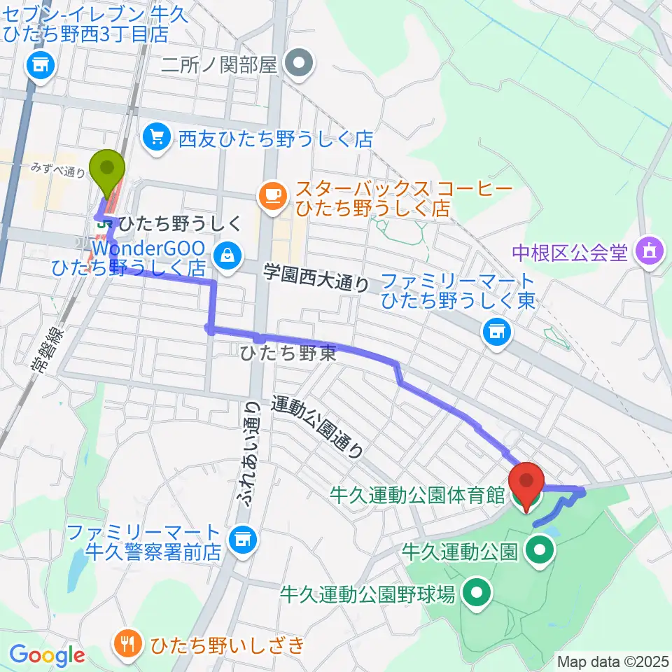 牛久運動公園体育館の最寄駅ひたち野うしく駅からの徒歩ルート（約24分）地図