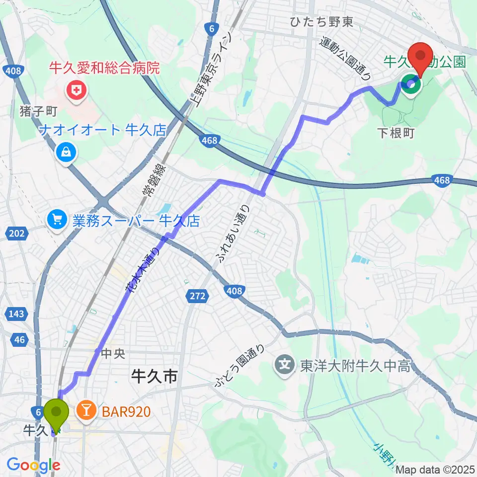 牛久駅から牛久運動公園武道館へのルートマップ地図