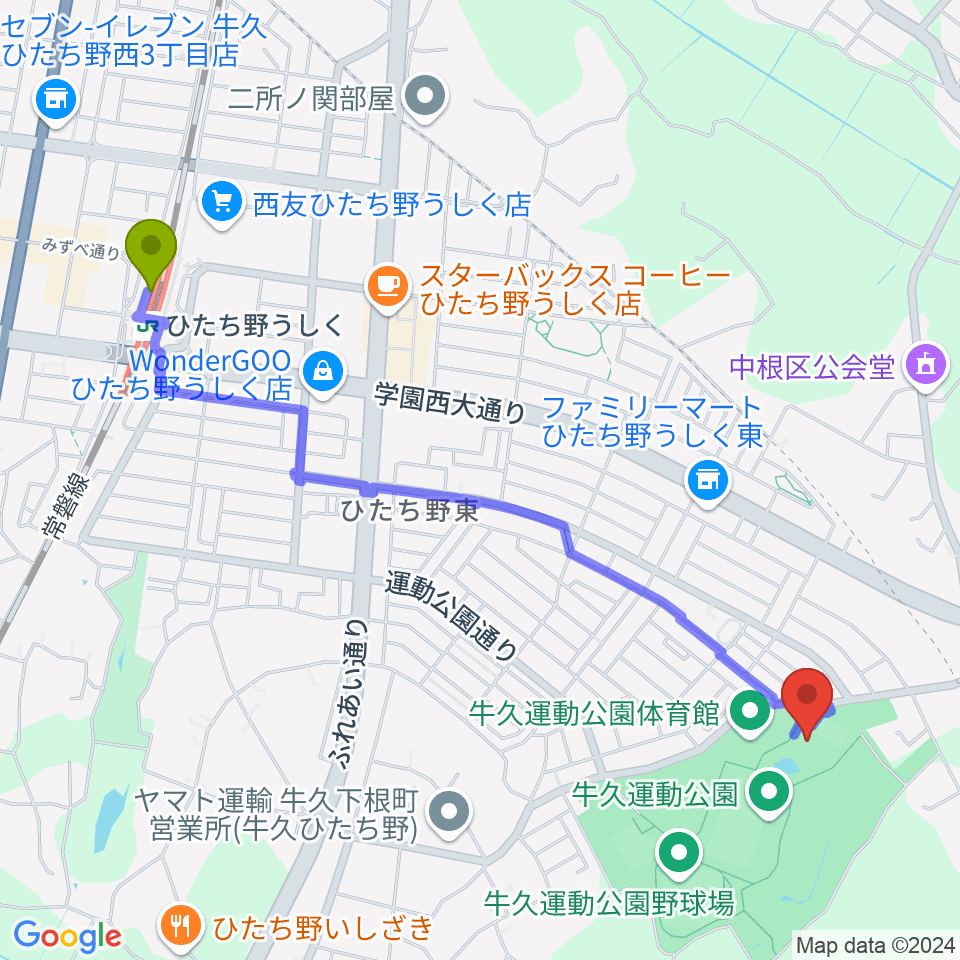 牛久運動公園武道館の最寄駅ひたち野うしく駅からの徒歩ルート（約26分）地図