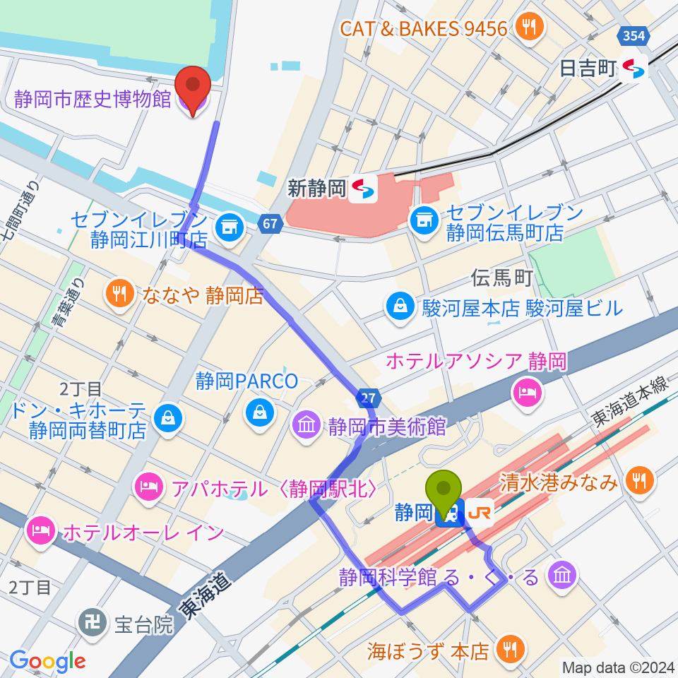 静岡駅から静岡市歴史博物館へのルートマップ地図