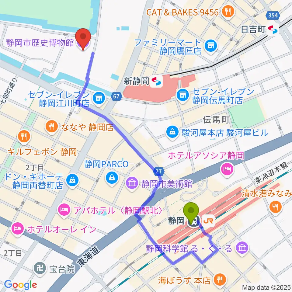 静岡駅から静岡市歴史博物館へのルートマップ地図