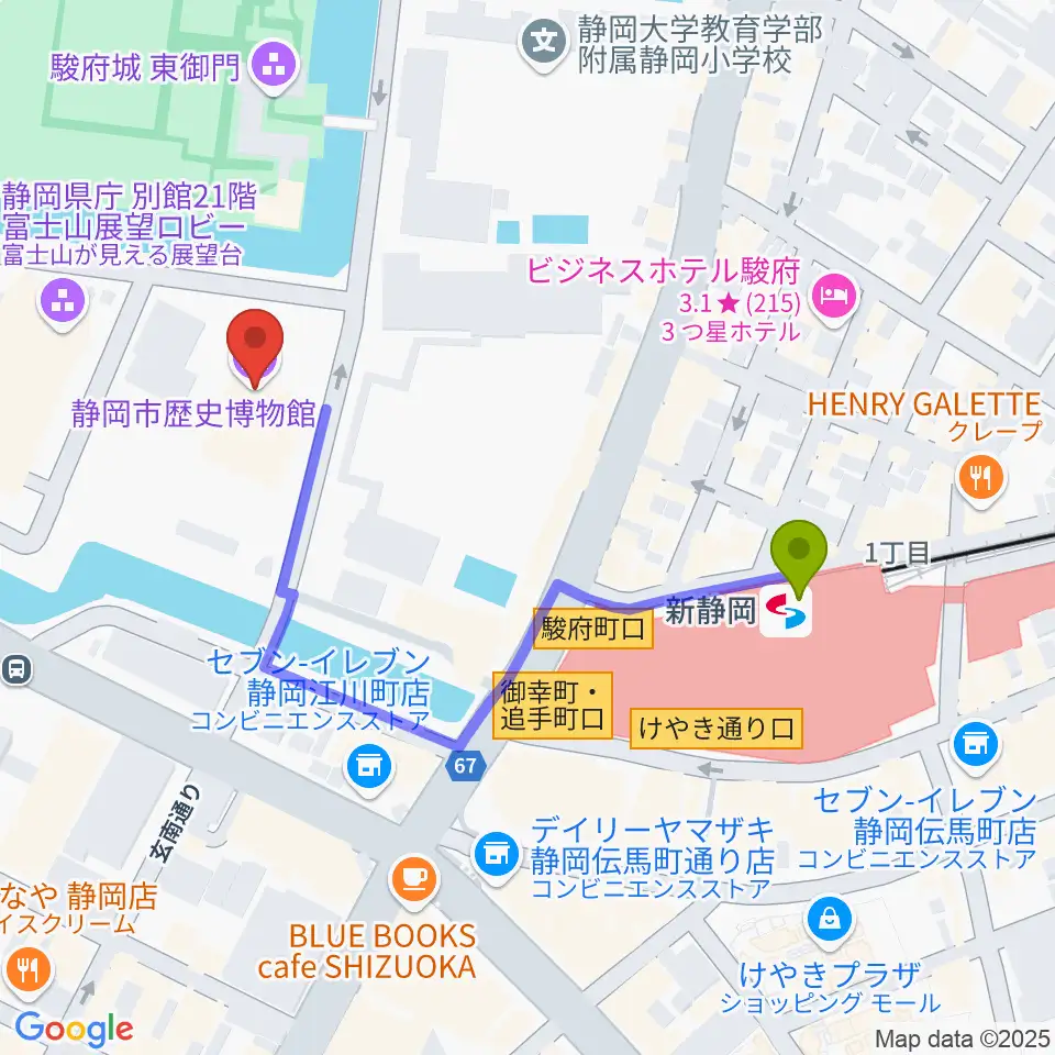 静岡市歴史博物館の最寄駅新静岡駅からの徒歩ルート（約4分）地図