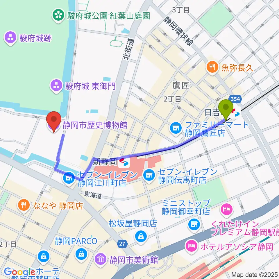 日吉町駅から静岡市歴史博物館へのルートマップ地図