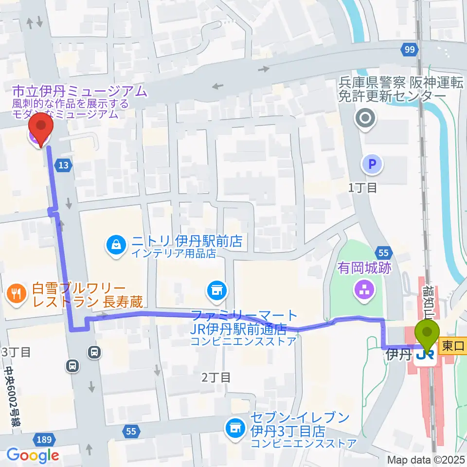 市立伊丹ミュージアムの最寄駅伊丹駅からの徒歩ルート（約7分）地図