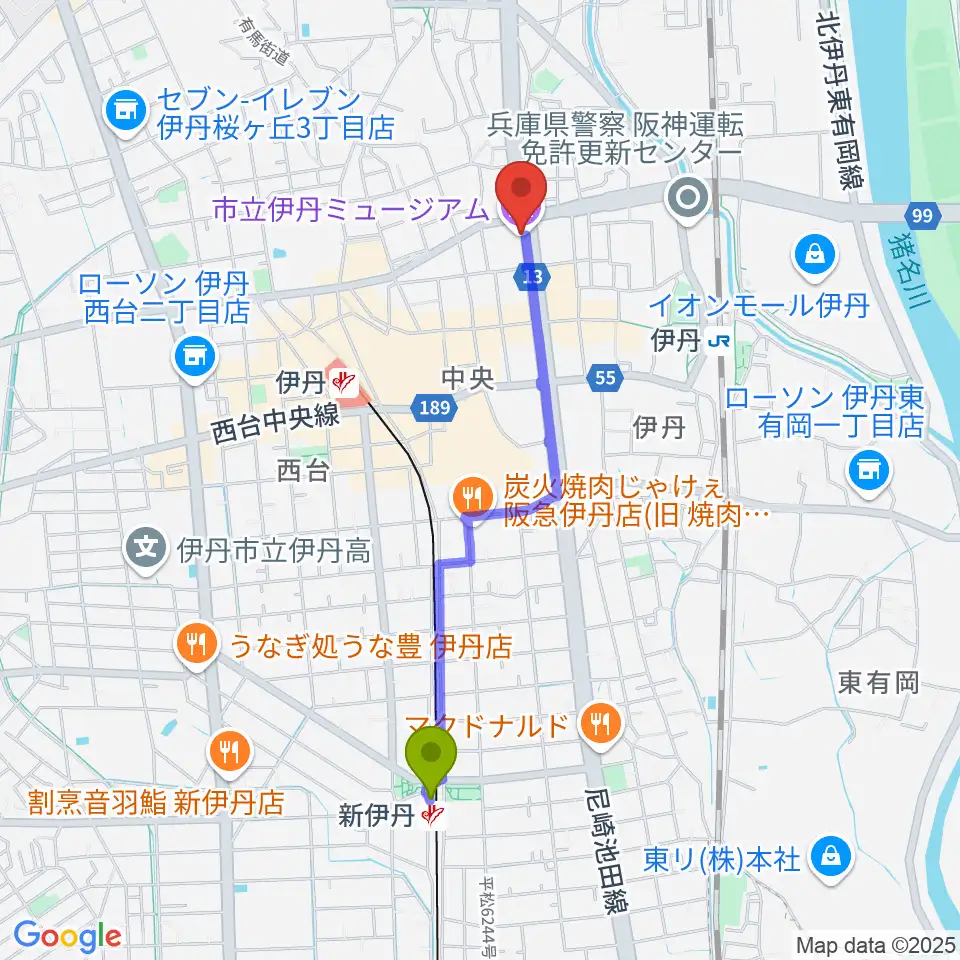 新伊丹駅から市立伊丹ミュージアムへのルートマップ地図