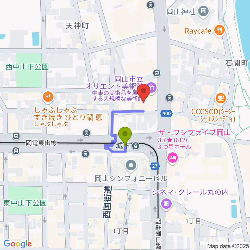 岡山市立オリエント美術館の最寄駅城下駅からの徒歩ルート（約1分）地図