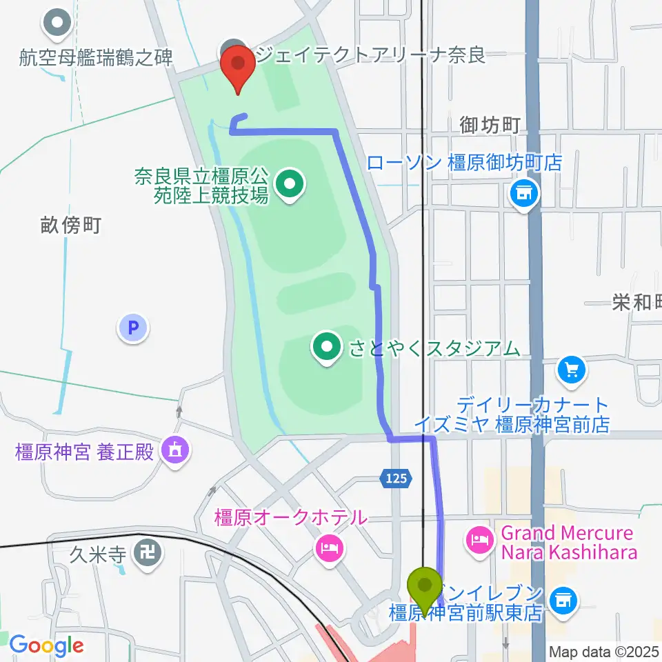 橿原神宮前駅からジェイテクトアリーナ奈良へのルートマップ地図