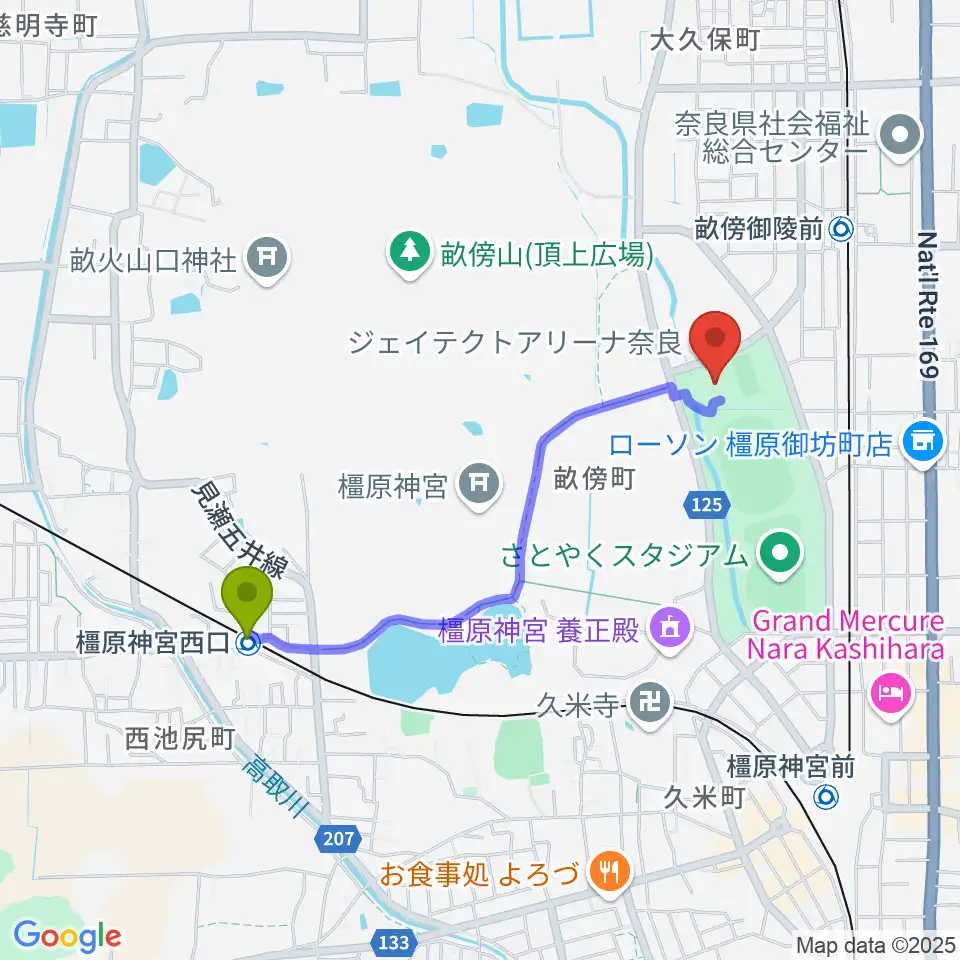 橿原神宮西口駅からジェイテクトアリーナ奈良へのルートマップ地図