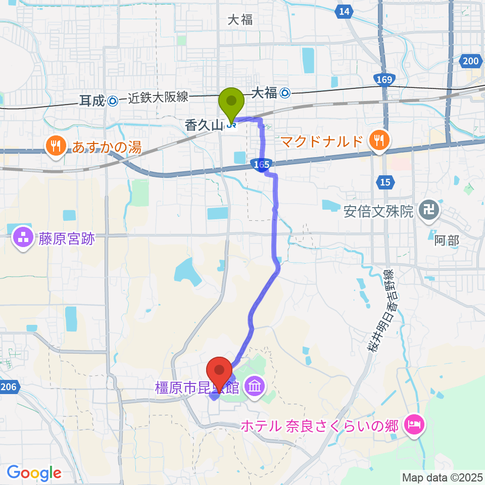 橿原市香久山体育館の最寄駅香久山駅からの徒歩ルート（約35分）地図