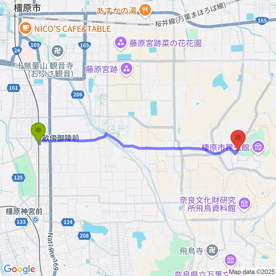 畝傍御陵前駅から橿原市香久山体育館へのルートマップ地図
