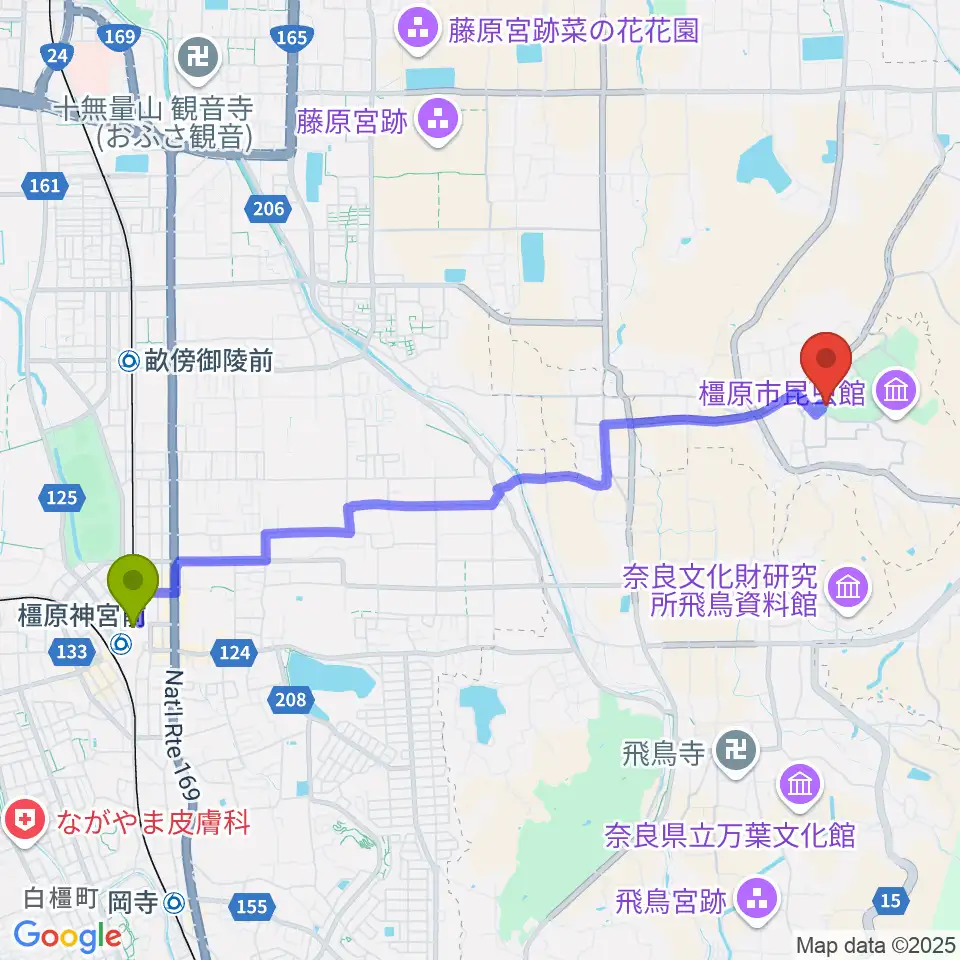 橿原神宮前駅から橿原市香久山体育館へのルートマップ地図