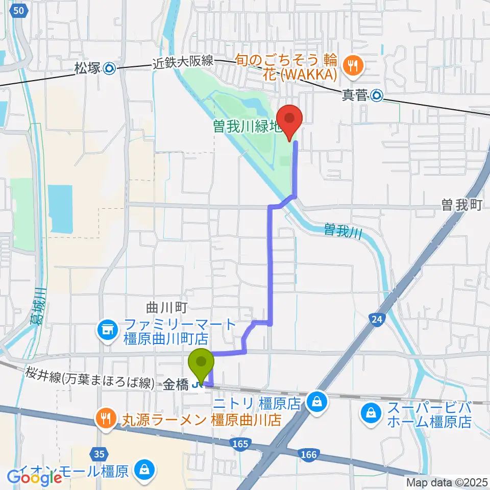 金橋駅から曽我川緑地体育館へのルートマップ地図