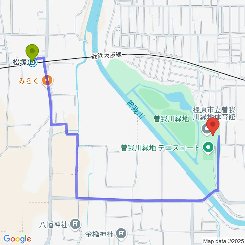 松塚駅から曽我川緑地体育館へのルートマップ地図