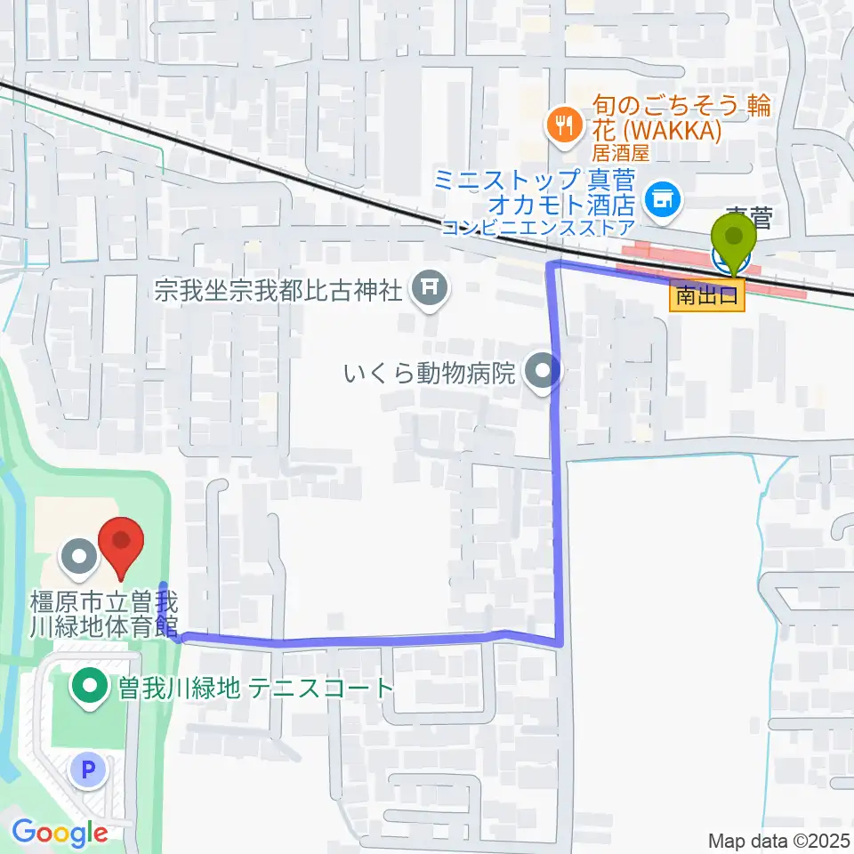 曽我川緑地体育館の最寄駅真菅駅からの徒歩ルート（約6分）地図