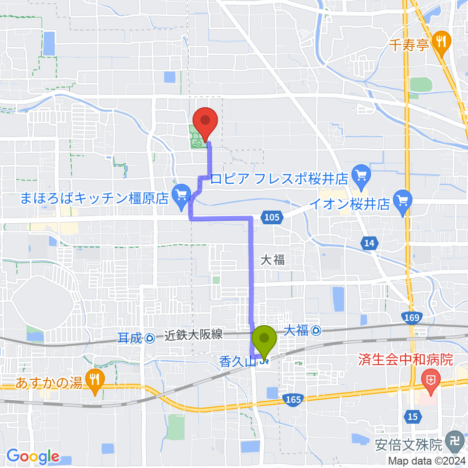 香久山駅から橿原市ひがしたけだドームへのルートマップ地図