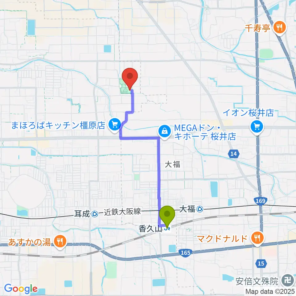 香久山駅から橿原市ひがしたけだドームへのルートマップ地図