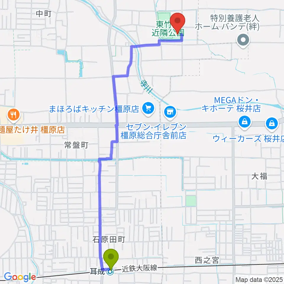 橿原市ひがしたけだドームの最寄駅耳成駅からの徒歩ルート（約27分）地図