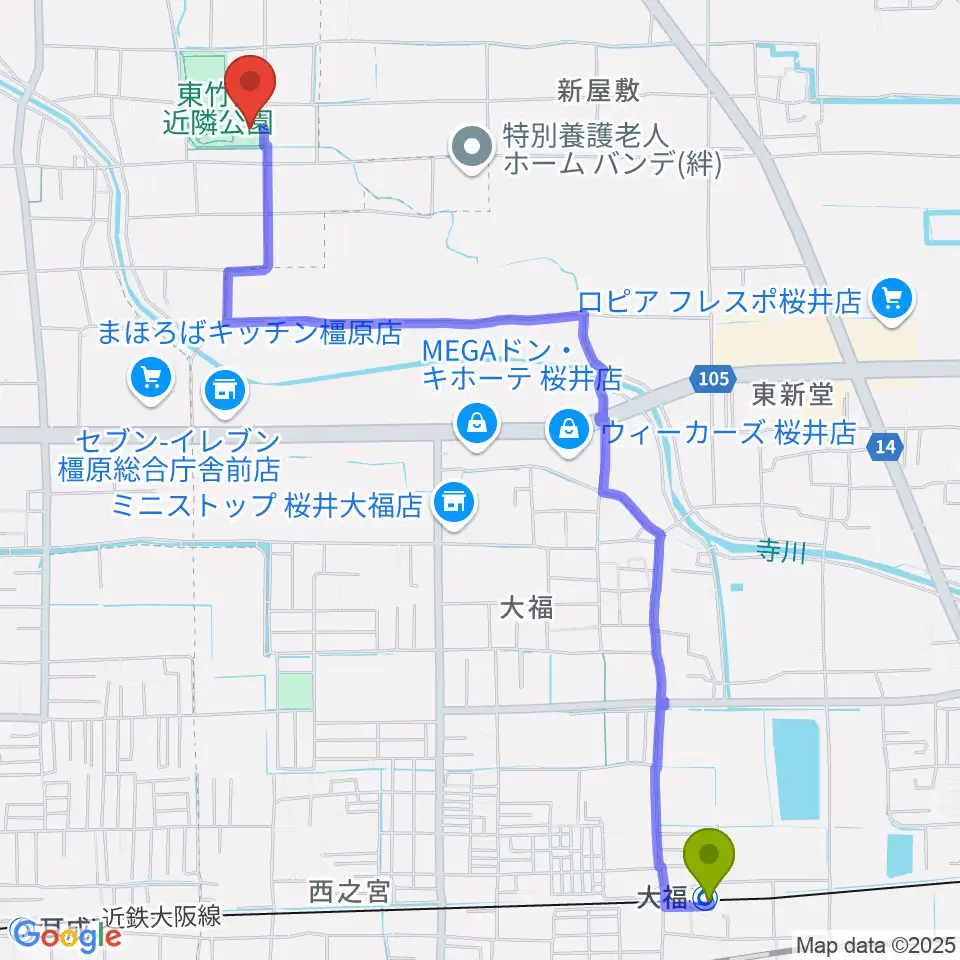 大福駅から橿原市ひがしたけだドームへのルートマップ地図