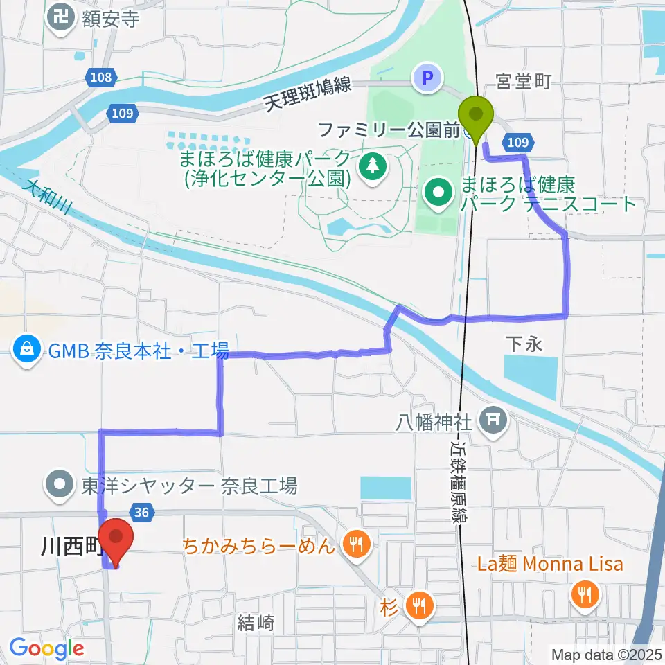 ファミリー公園前駅から川西町中央体育館へのルートマップ地図