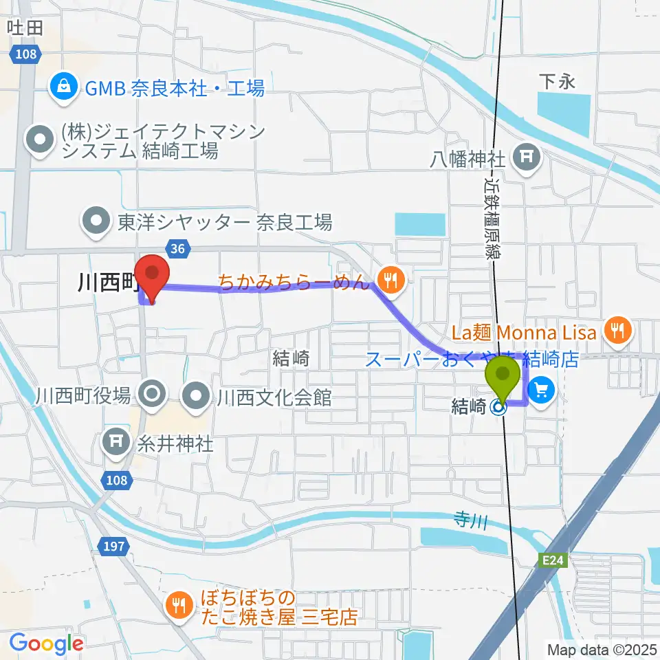 川西町中央体育館の最寄駅結崎駅からの徒歩ルート（約17分）地図