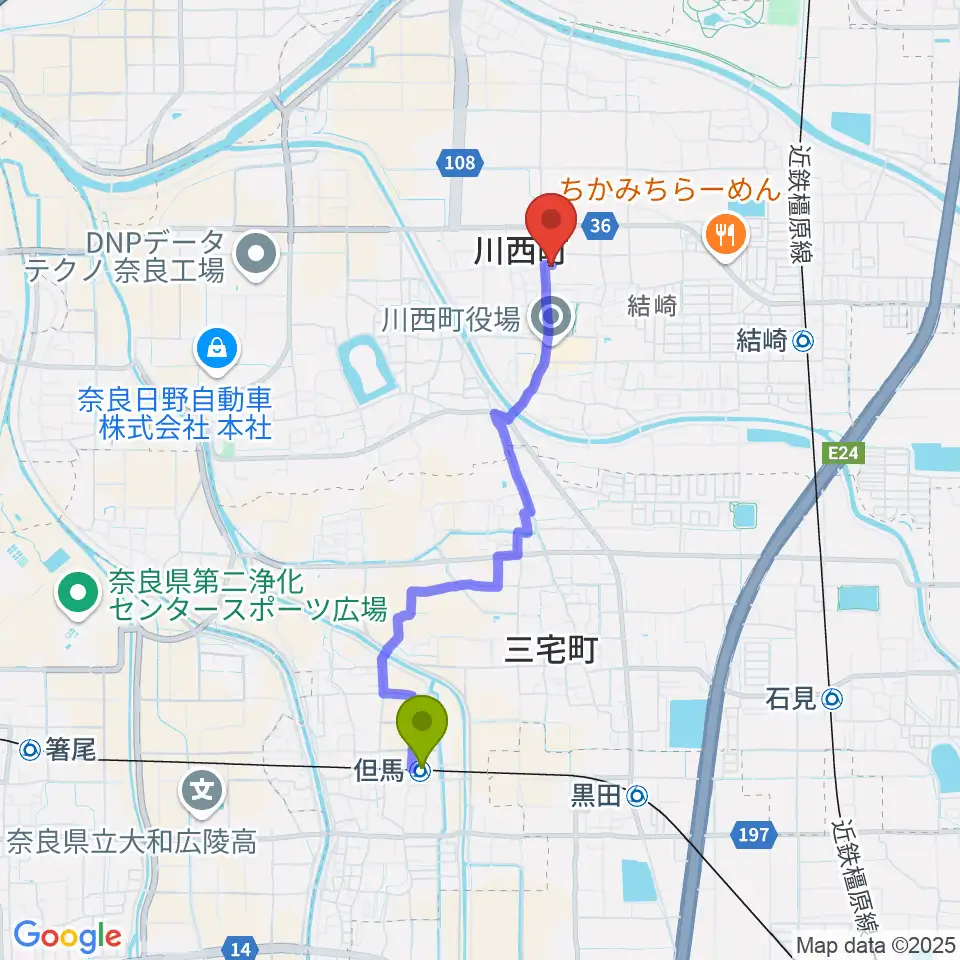 但馬駅から川西町中央体育館へのルートマップ地図