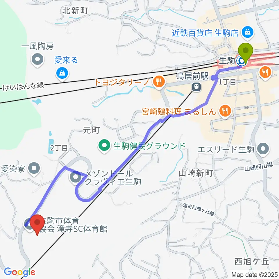 生駒駅から生駒市体育協会滝寺S.C.体育館へのルートマップ地図