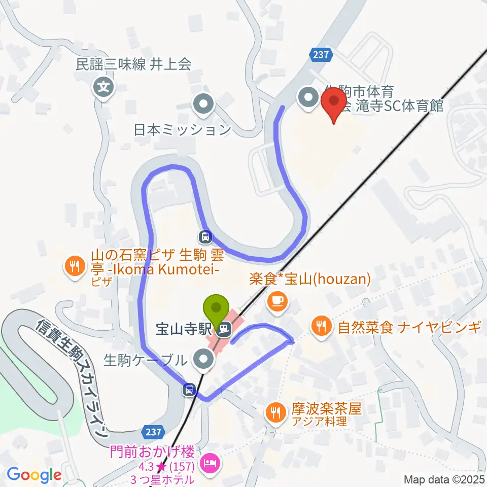 生駒市体育協会滝寺S.C.体育館の最寄駅宝山寺駅からの徒歩ルート（約4分）地図