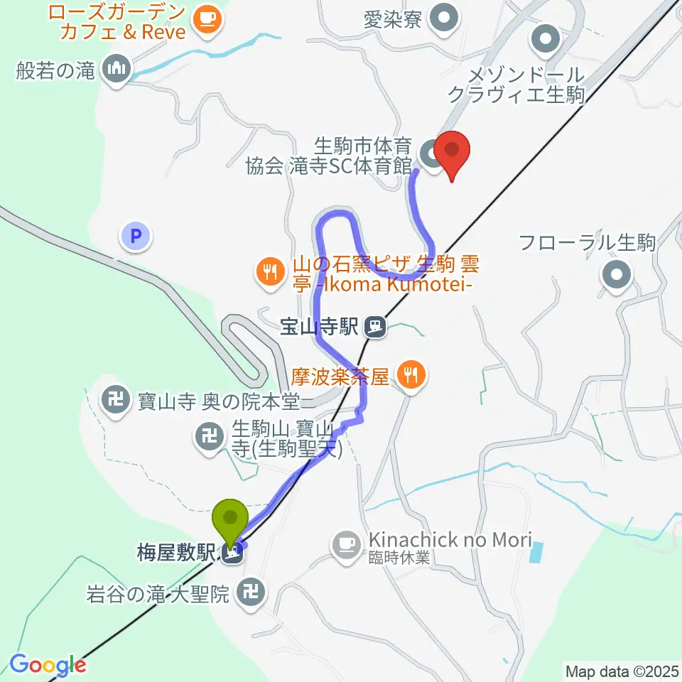 梅屋敷駅から生駒市体育協会滝寺S.C.体育館へのルートマップ地図