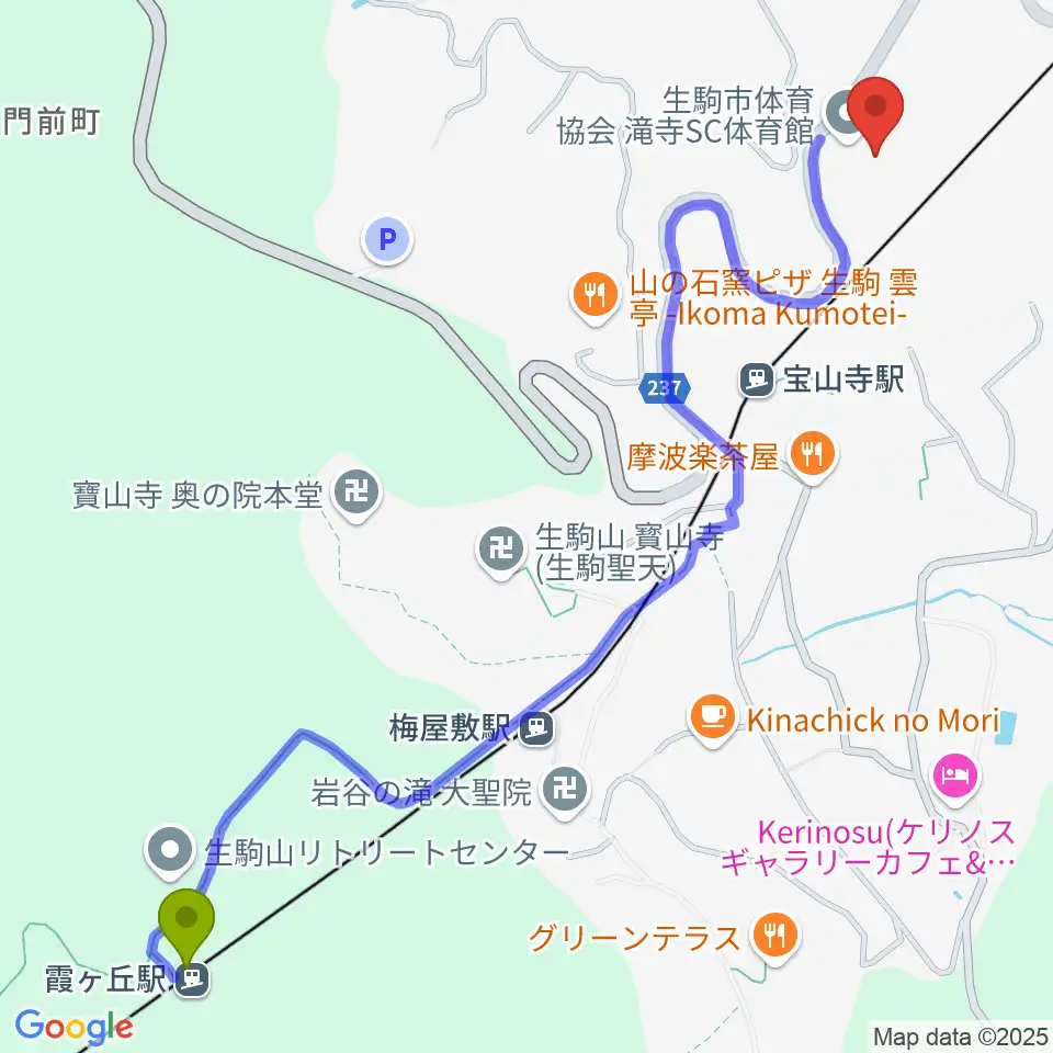 霞ヶ丘駅から生駒市体育協会滝寺S.C.体育館へのルートマップ地図