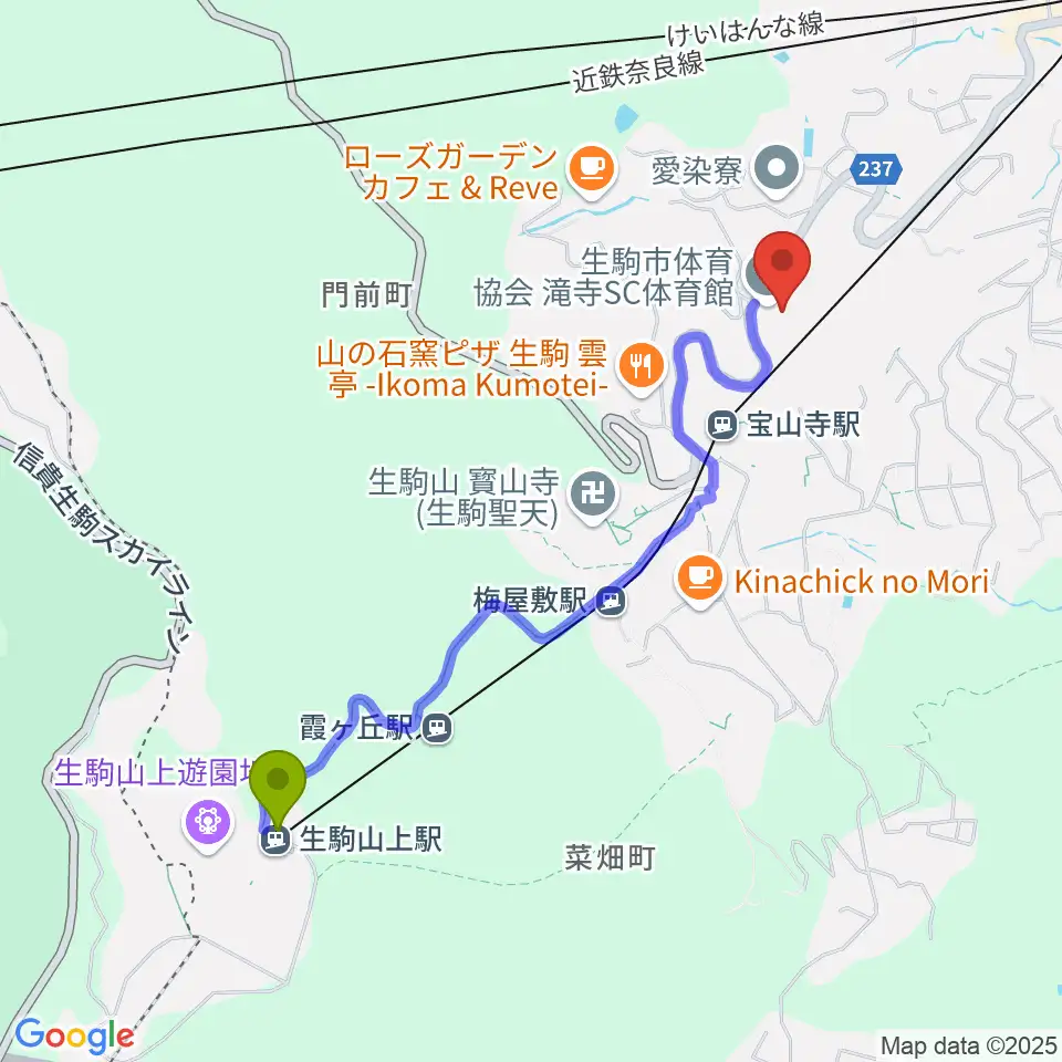 生駒山上駅から生駒市体育協会滝寺S.C.体育館へのルートマップ地図