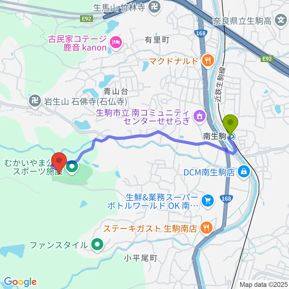 むかいやま公園体育館の最寄駅南生駒駅からの徒歩ルート（約19分）地図