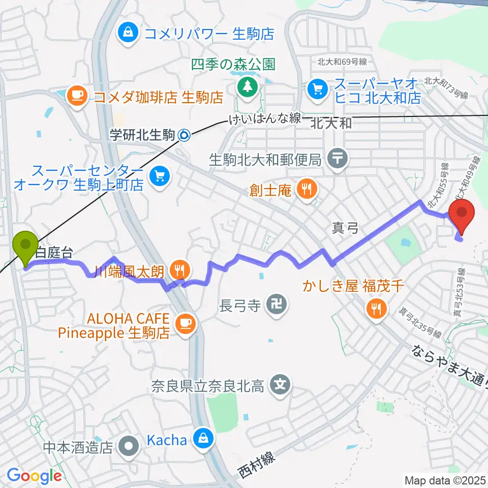 白庭台駅から北大和体育施設体育館へのルートマップ地図