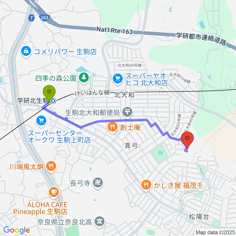 北大和体育施設体育館の最寄駅学研北生駒駅からの徒歩ルート（約19分）地図