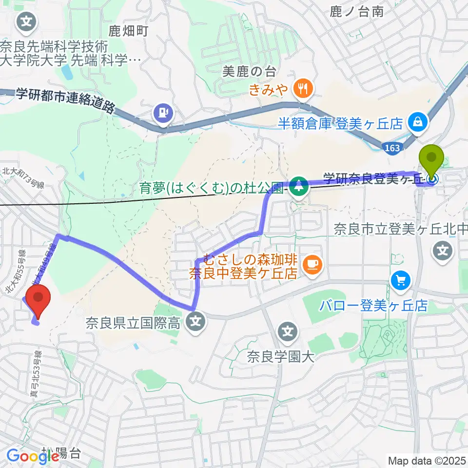 学研奈良登美ヶ丘駅から北大和体育施設体育館へのルートマップ地図