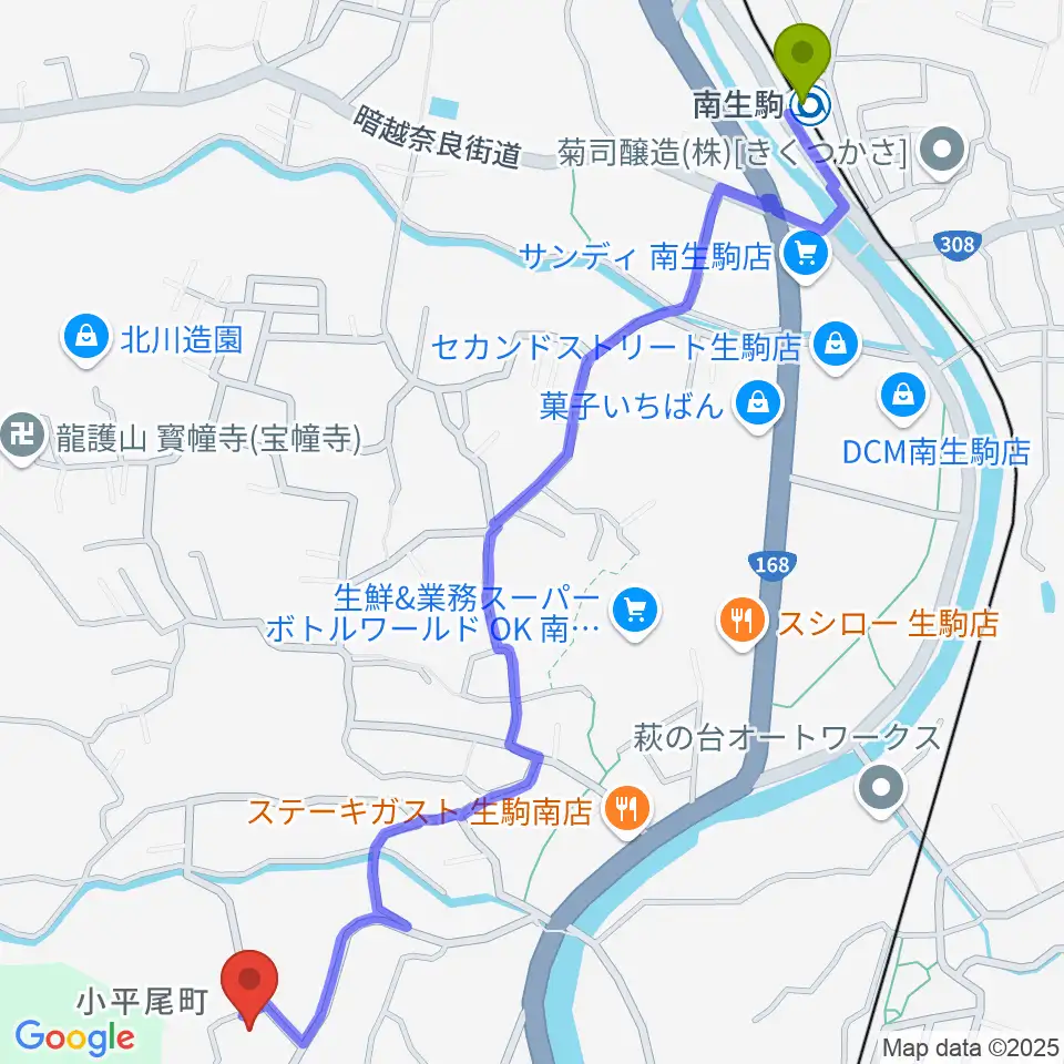 南生駒駅から生駒市立小平尾南体育館へのルートマップ地図