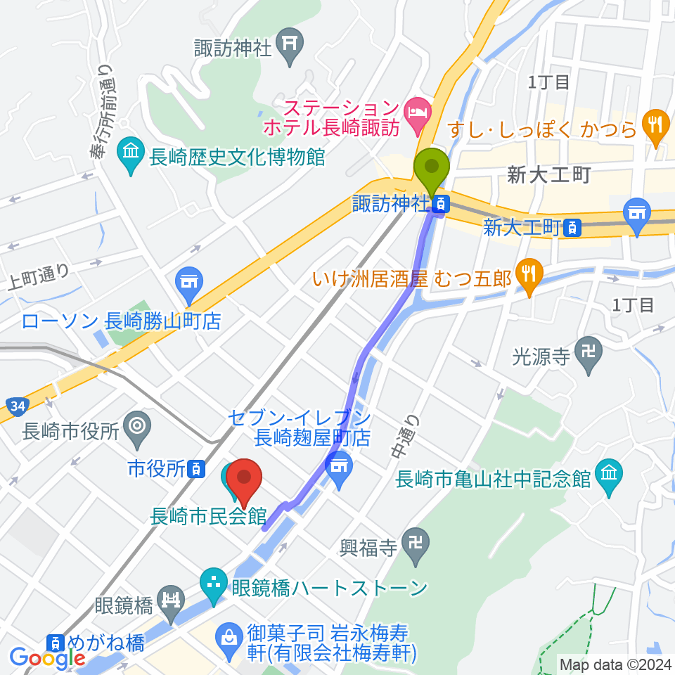 諏訪神社駅から長崎市民体育館 へのルートマップ地図