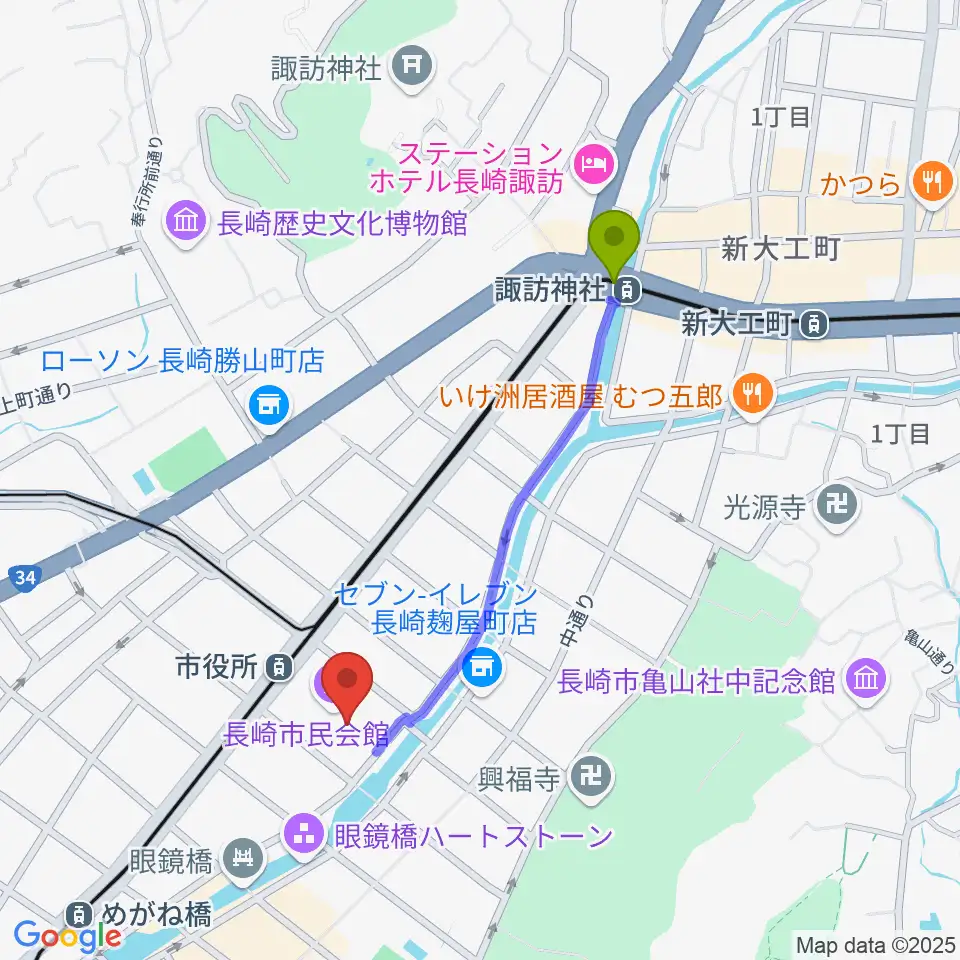 諏訪神社駅から長崎市民体育館 へのルートマップ地図