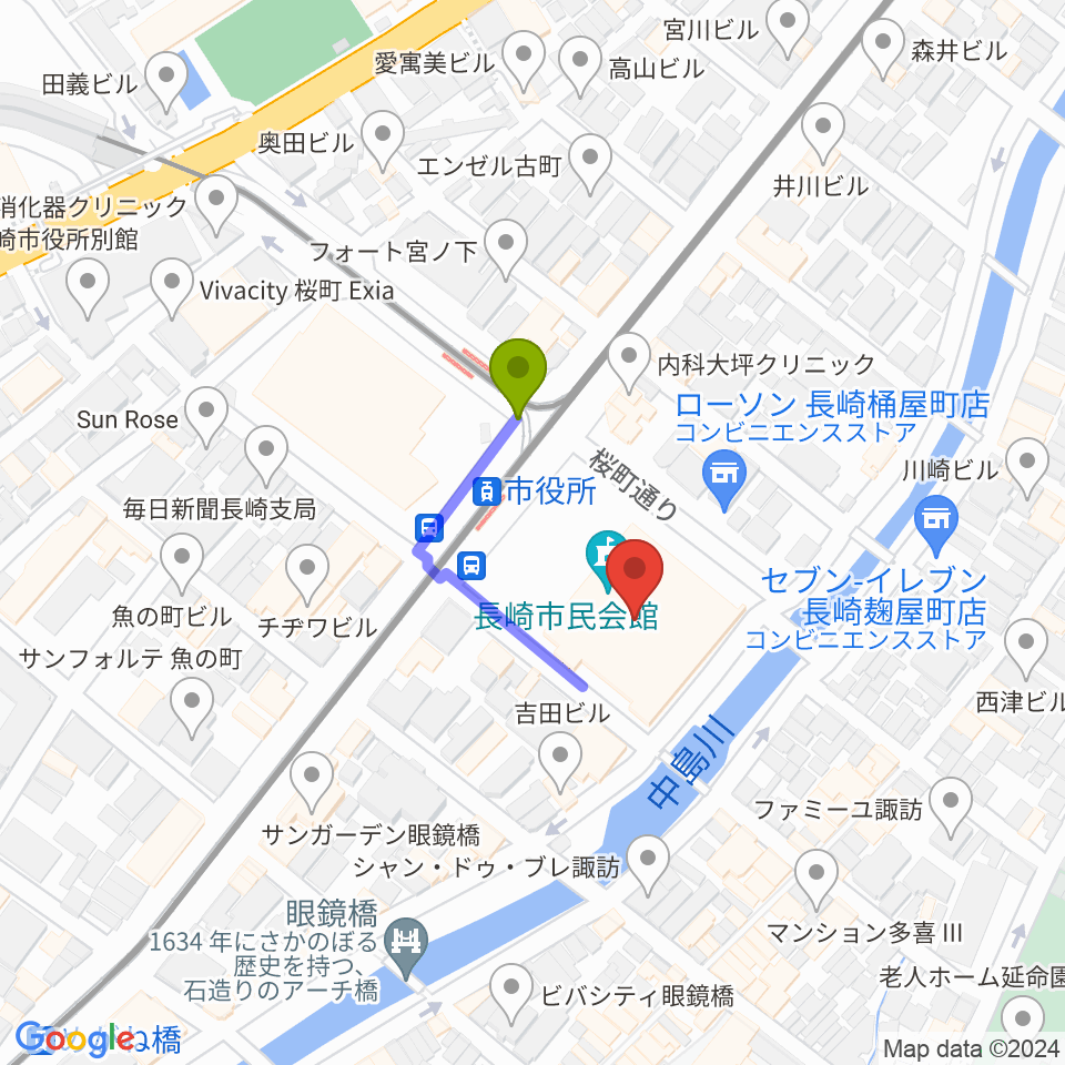 長崎市民体育館 の最寄駅市民会館駅からの徒歩ルート（約2分）地図